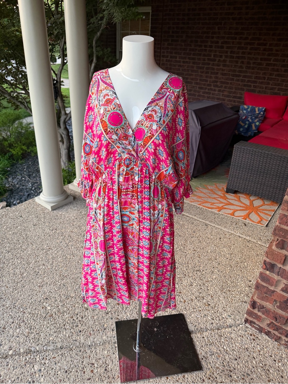 Elings Boho Pink Paisley Scarf Print Swing Mini Dress Women’s Medium